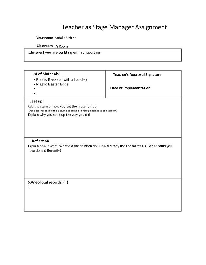Teacher as Stage Manager Assignment (CHDV 013AF)