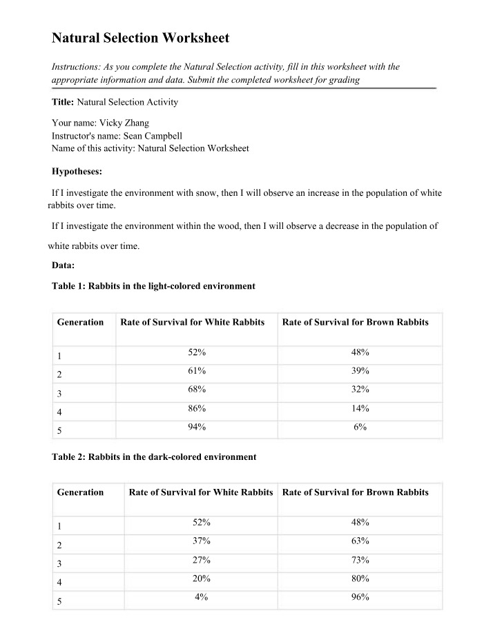 Worksheet on Natural Selection