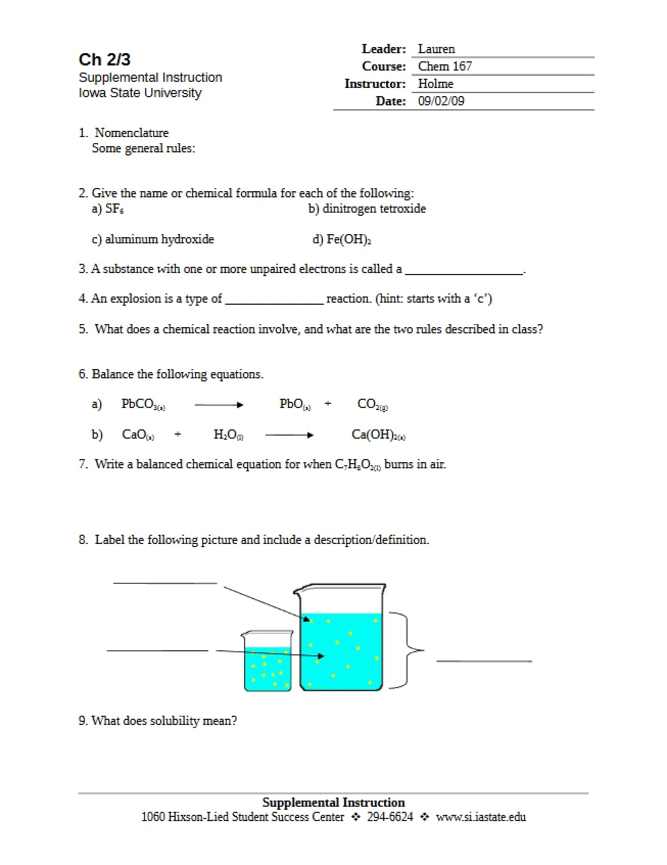 Handout for General Chemistry for Engineers from Sections 1 and 2-3