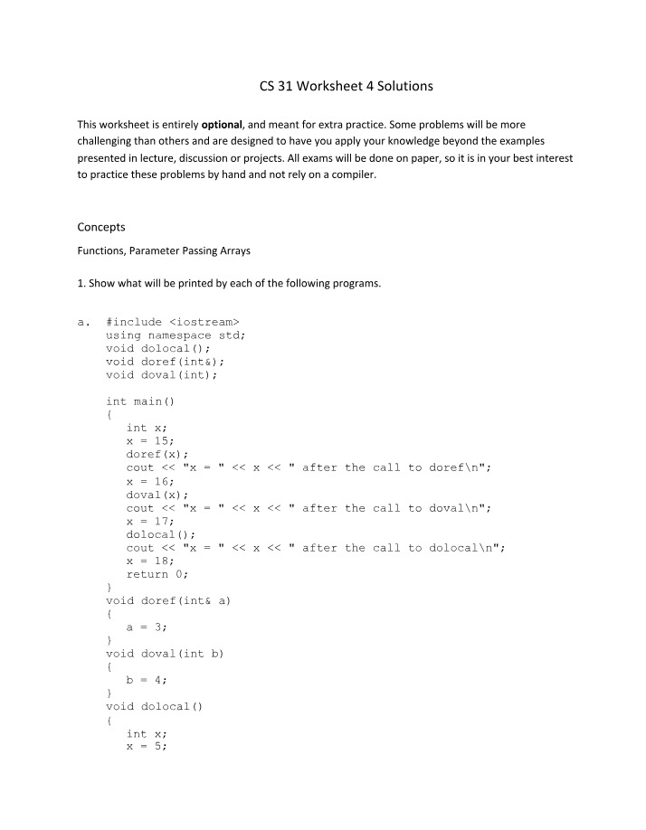Worksheet 4 - Functions, Parameter Passing, and Arrays