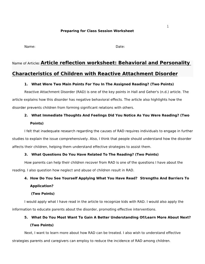 Article Reflection - Personality and Behavioral Characteristics of Children with Reactive Attachment Disorder