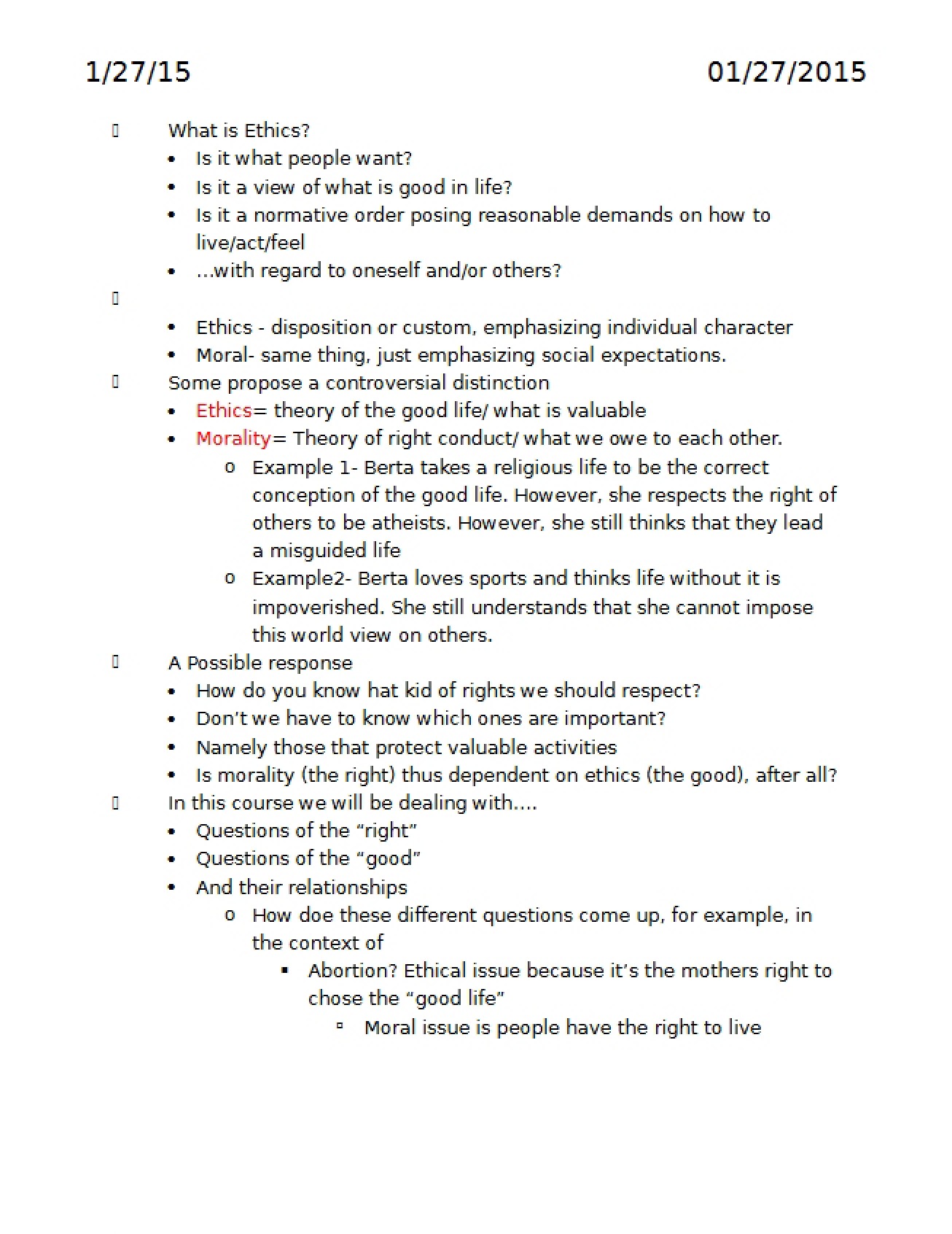 Medical Ethics Class Notes from January 25th