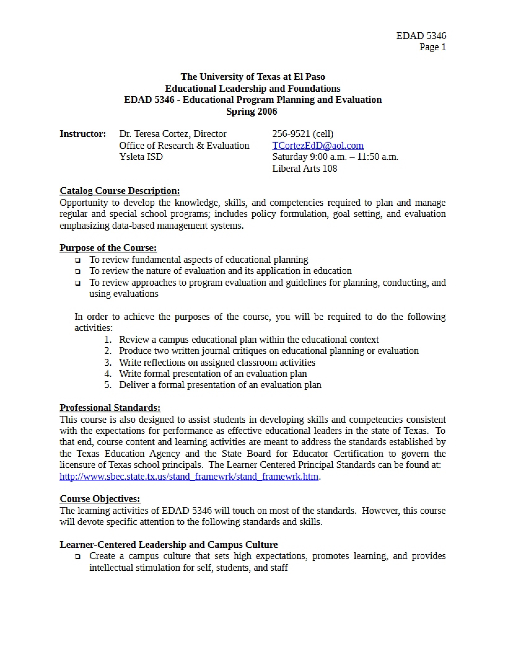 Educational Program Planning and Evaluation Syllabus