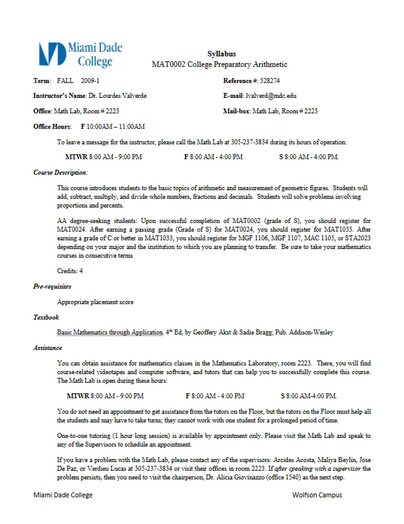 College Preparatory Arithmetic Syllabus