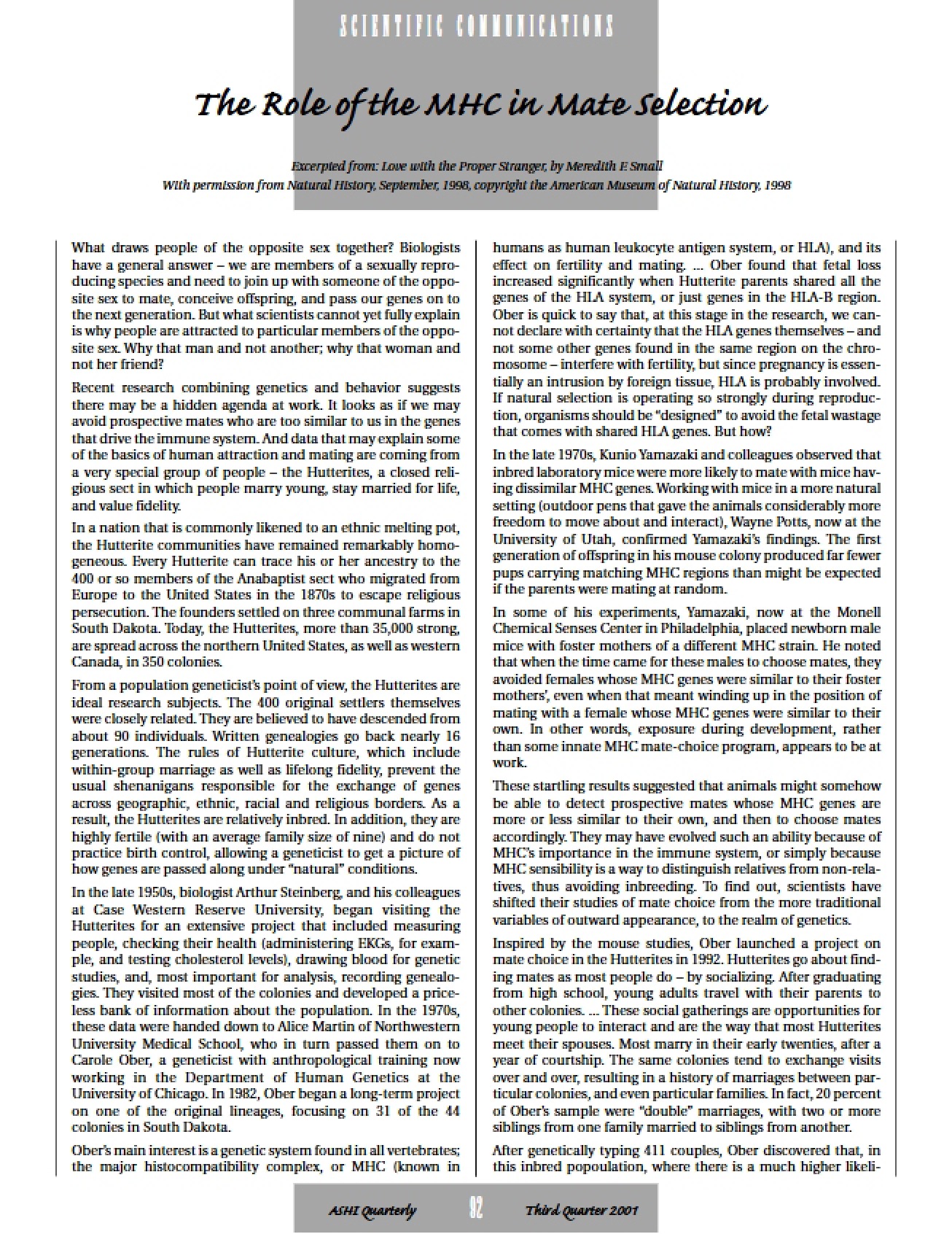 Mate Selection and MHC Role