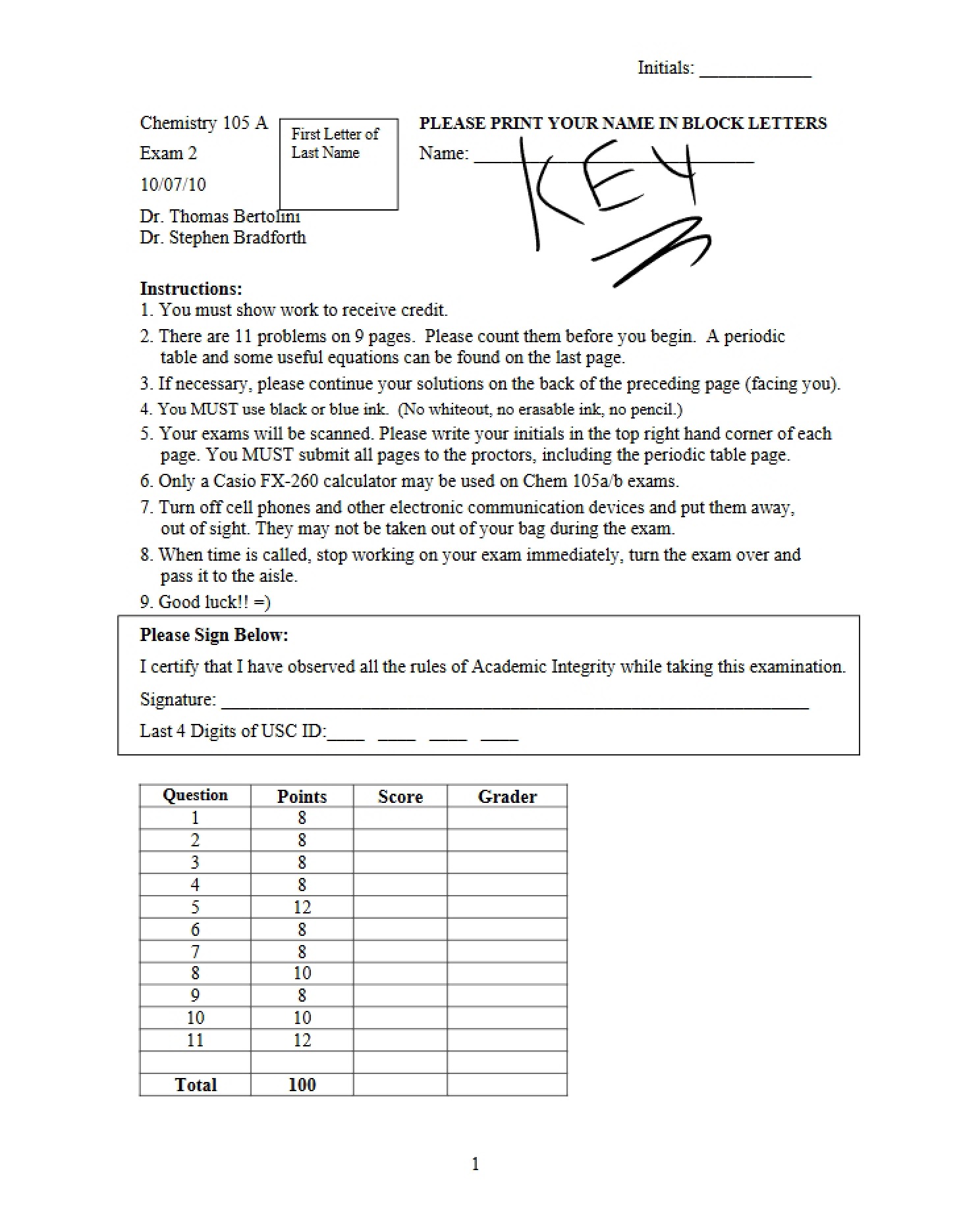 Solutions for Chem 105a Exam 2