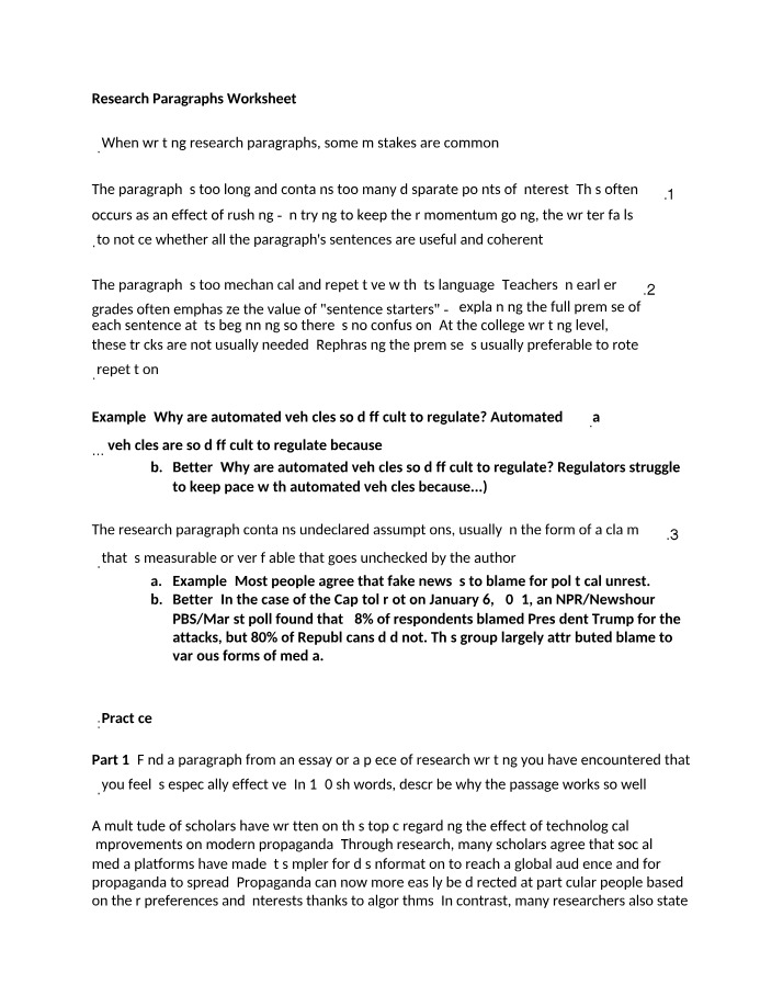 Worksheet for Research Paragraphs