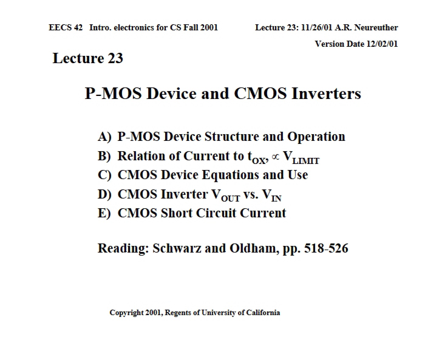 CMOS Inverters and P-MOS Devices