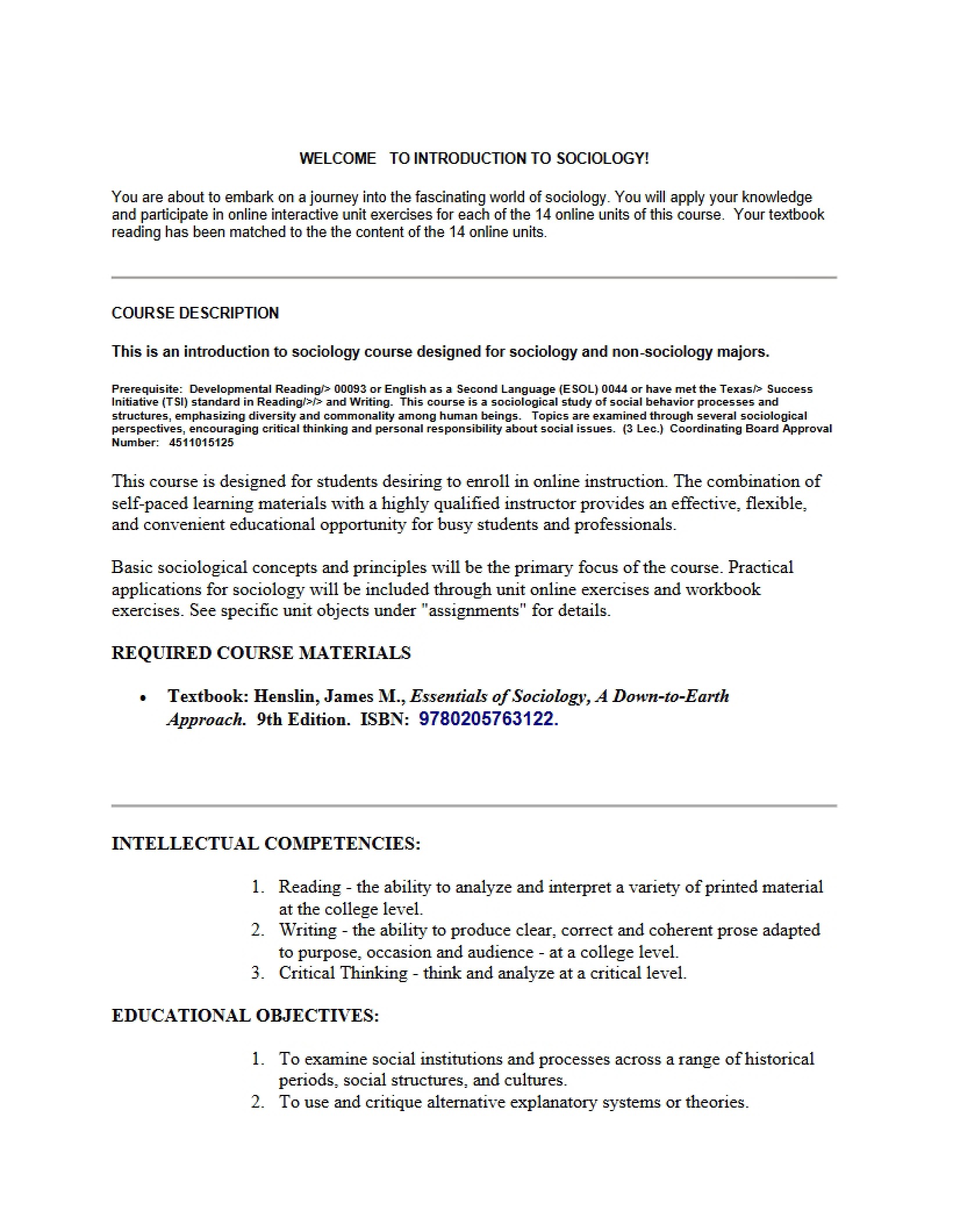 Introduction to Sociology Course Syllabus - SOCI 1301