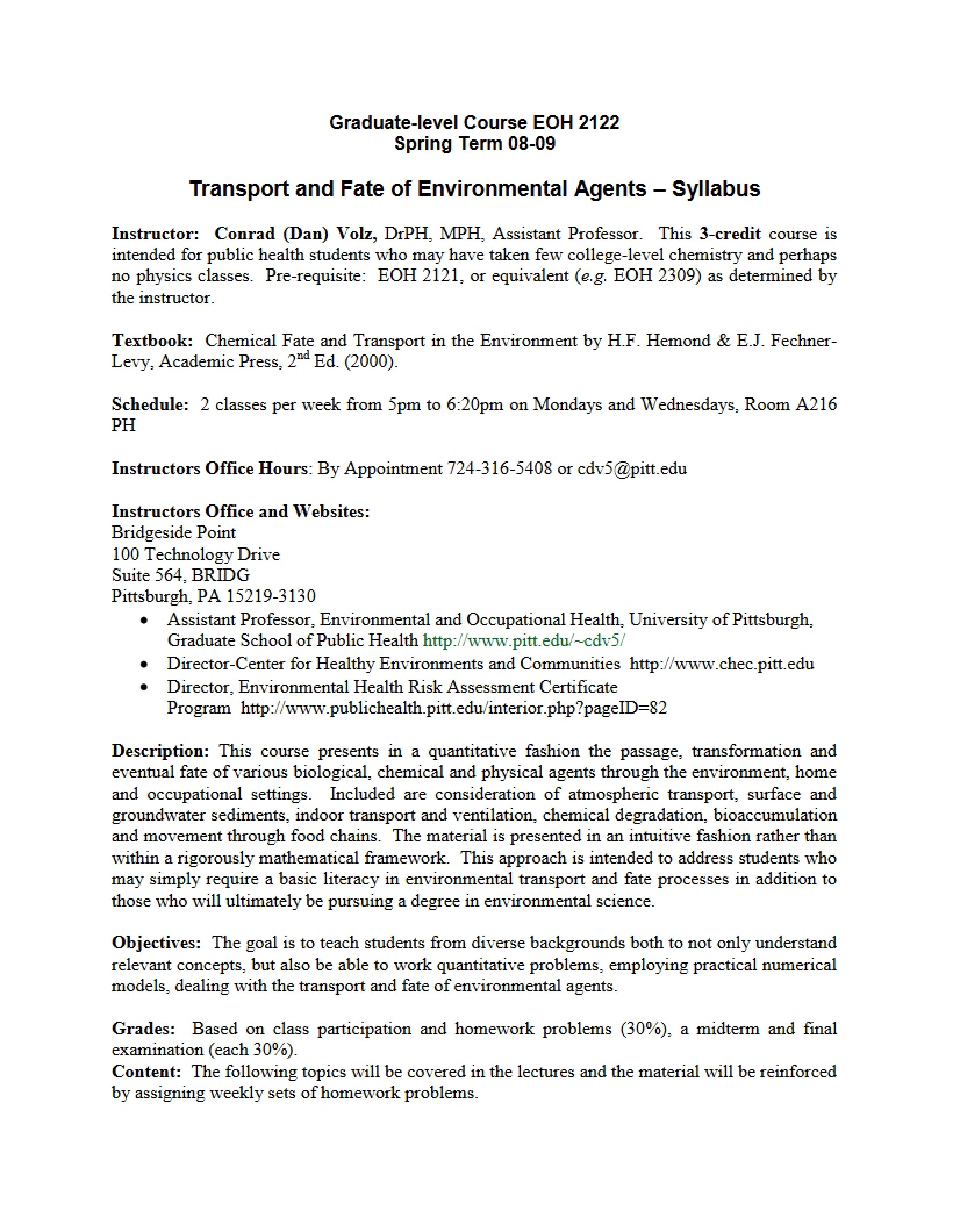 Syllabus Transport of Environmental Agents