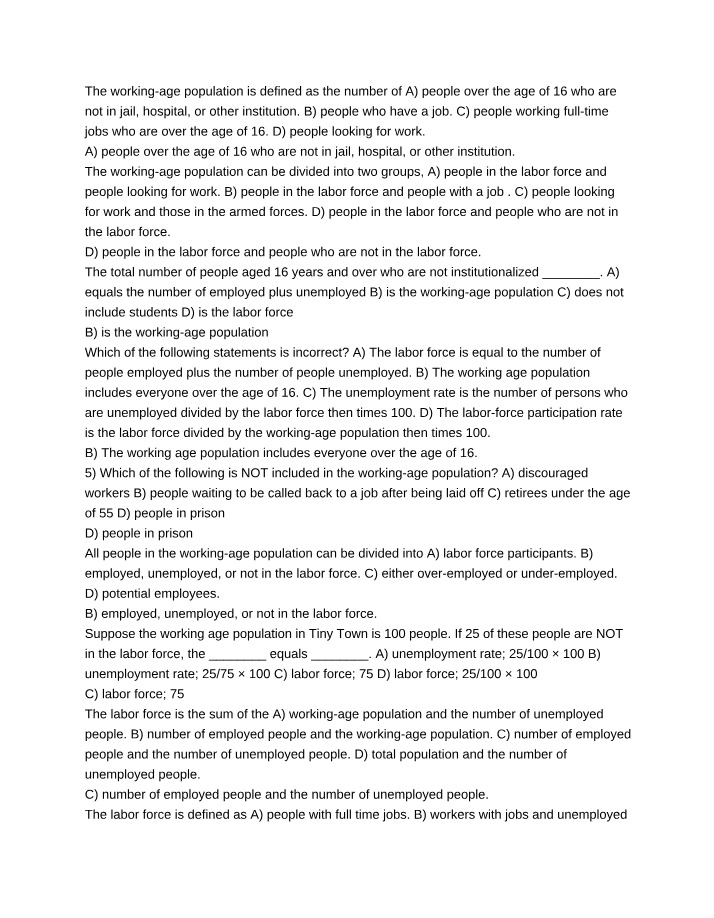 Working Age Population and Labor Force - Answer Key