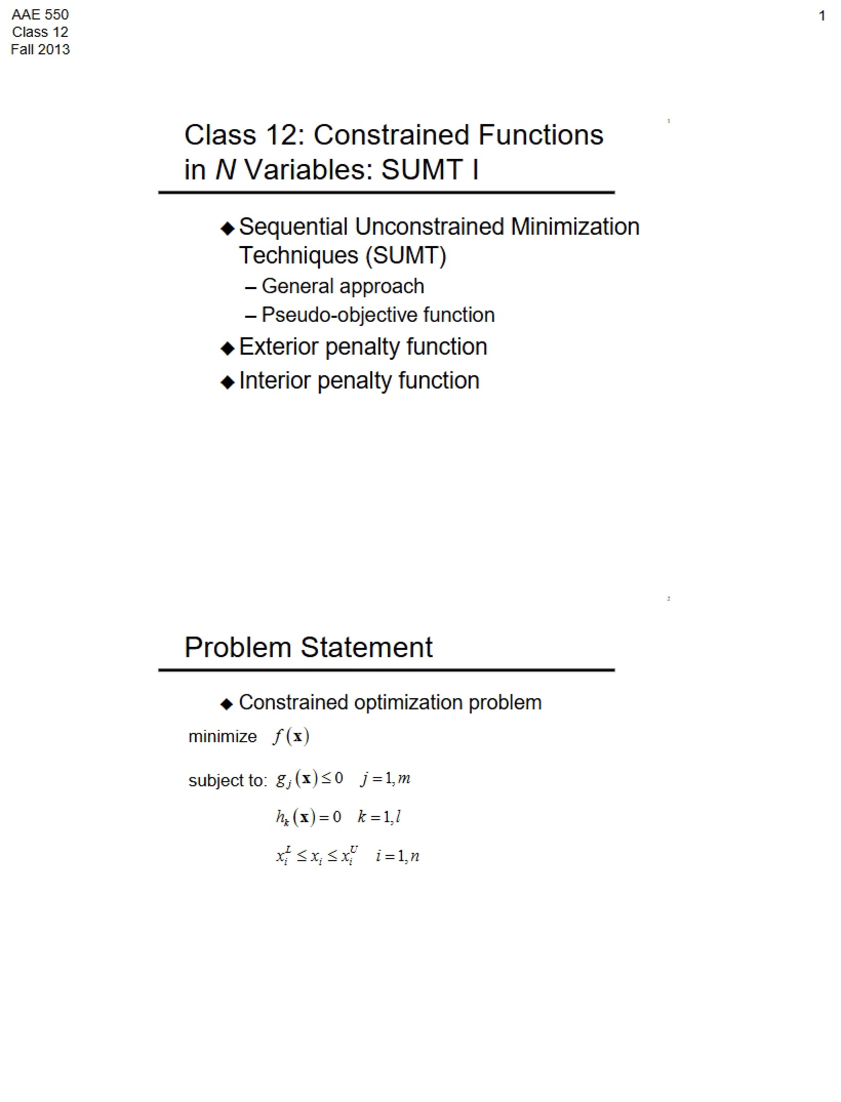 Handout for Class 12 2013