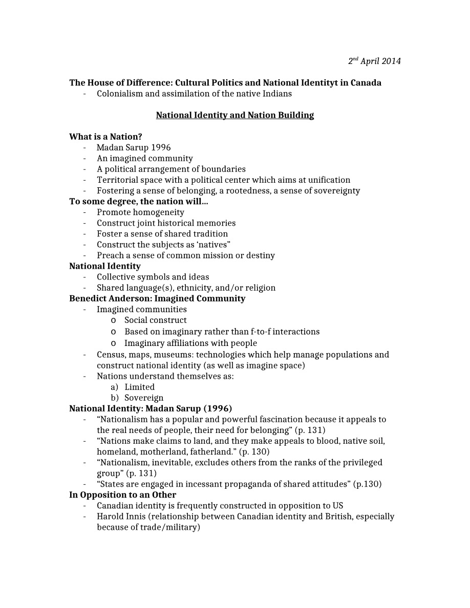 Notes on The House of Difference - Cultural Politics and National Identity in Canada