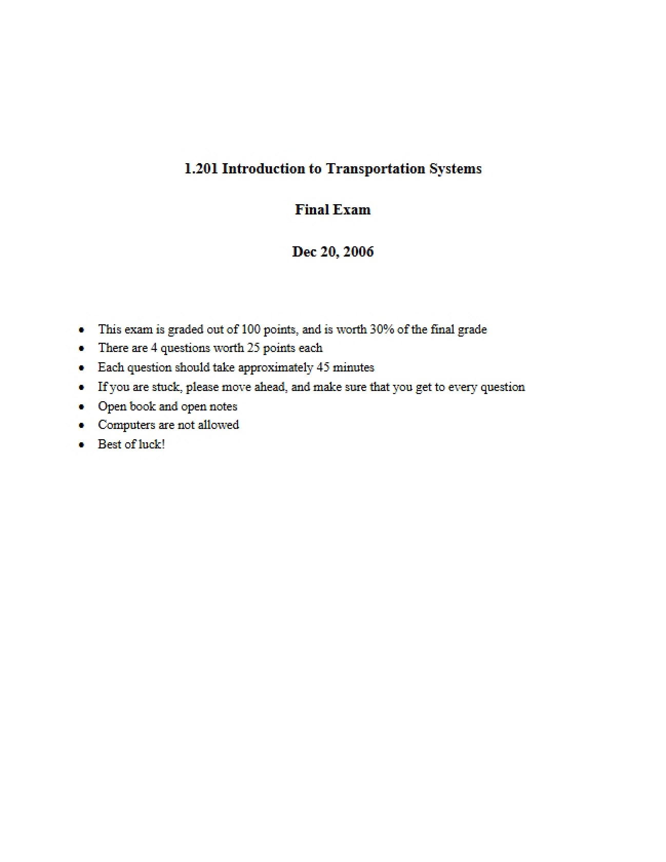 Final Exam: Transportation Analysis