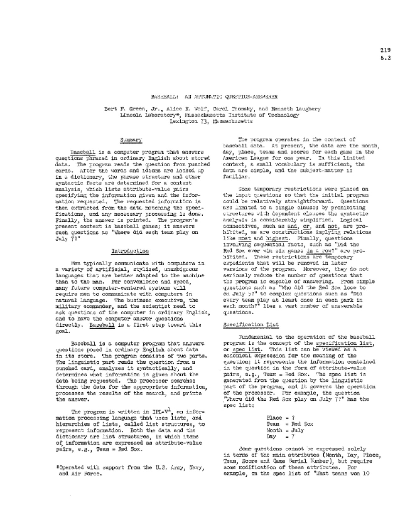 BASEBALL An Automatic Question-Answering System