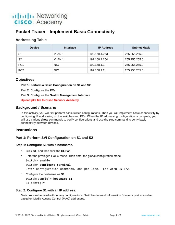 Basic Connectivity Implementation - Packet Tracer