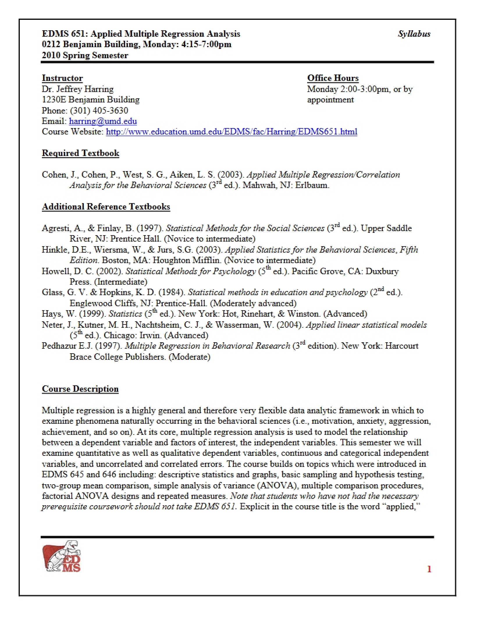 Applied Multiple Regression Syllabus