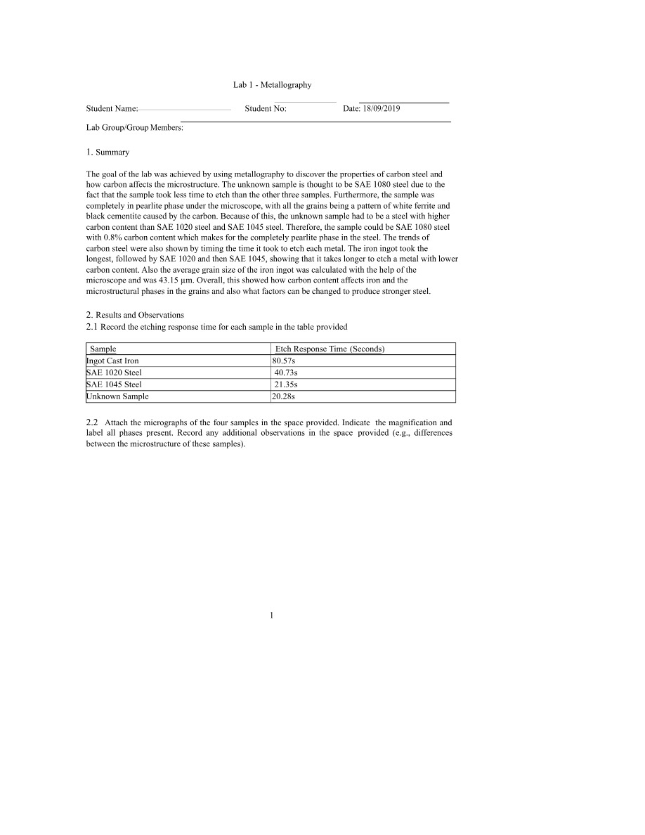 Analyzing Carbon Steel - Metallography Lab 1 Report