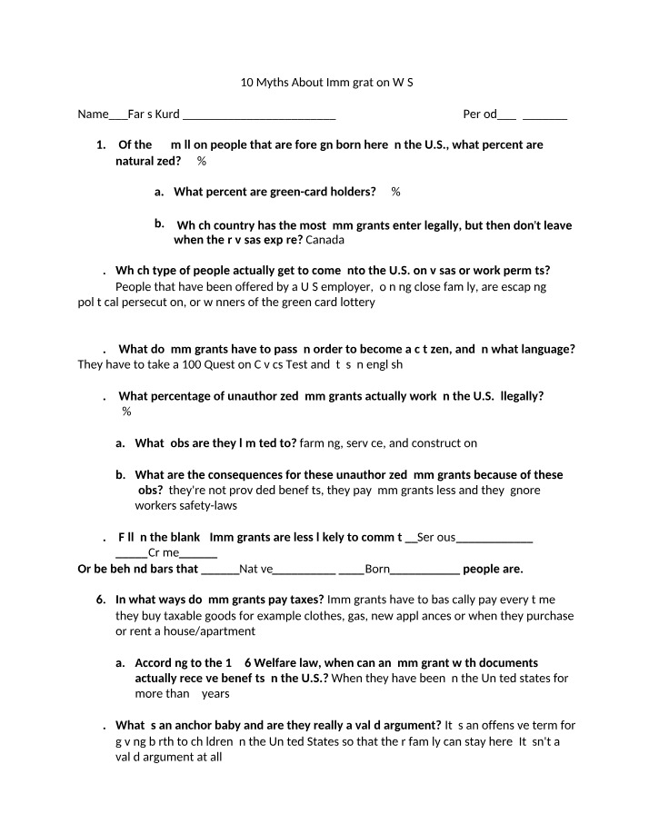 Worksheet on 10 Myths About Immigration