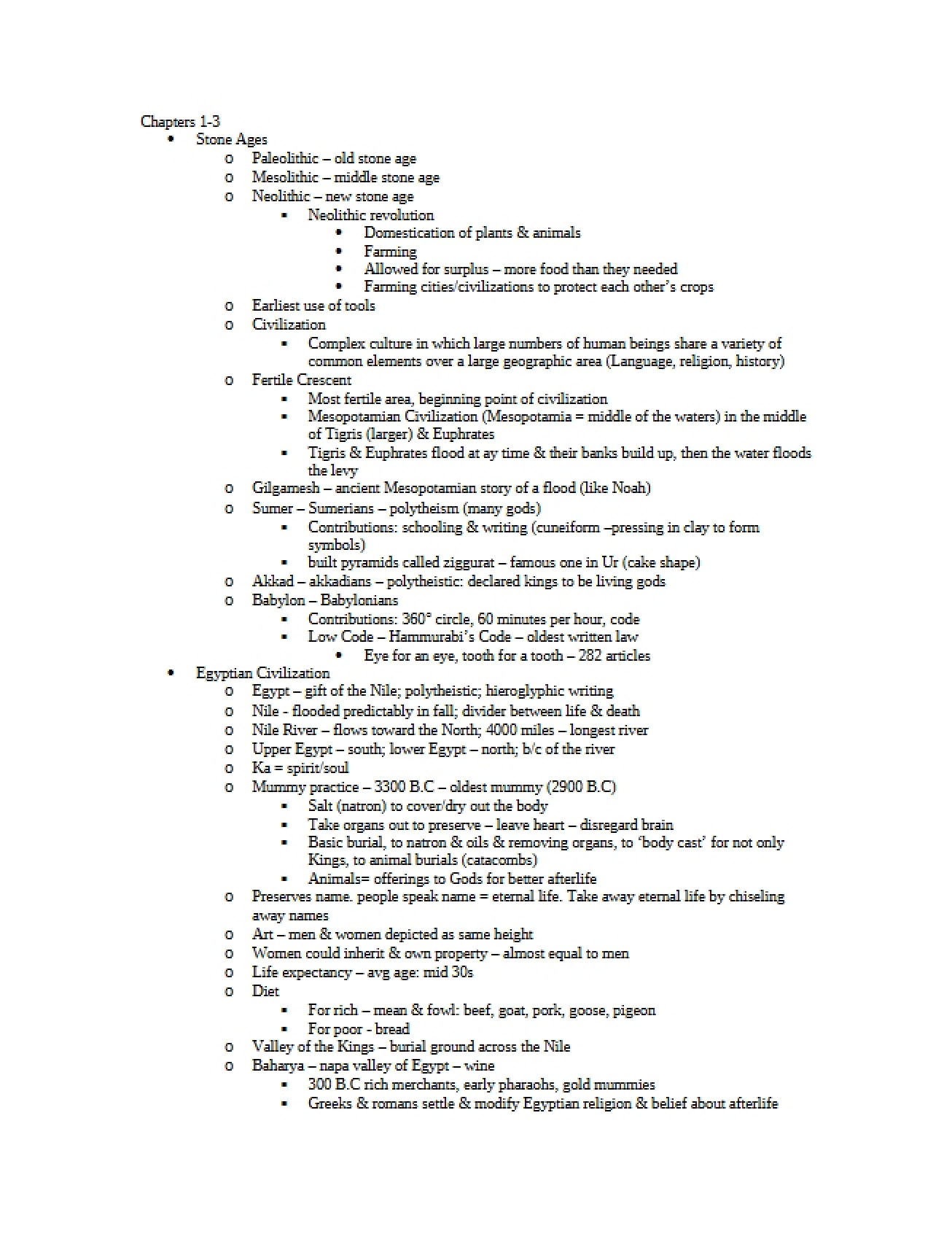 Summary of Chapters One Through Three of Western Civilization I