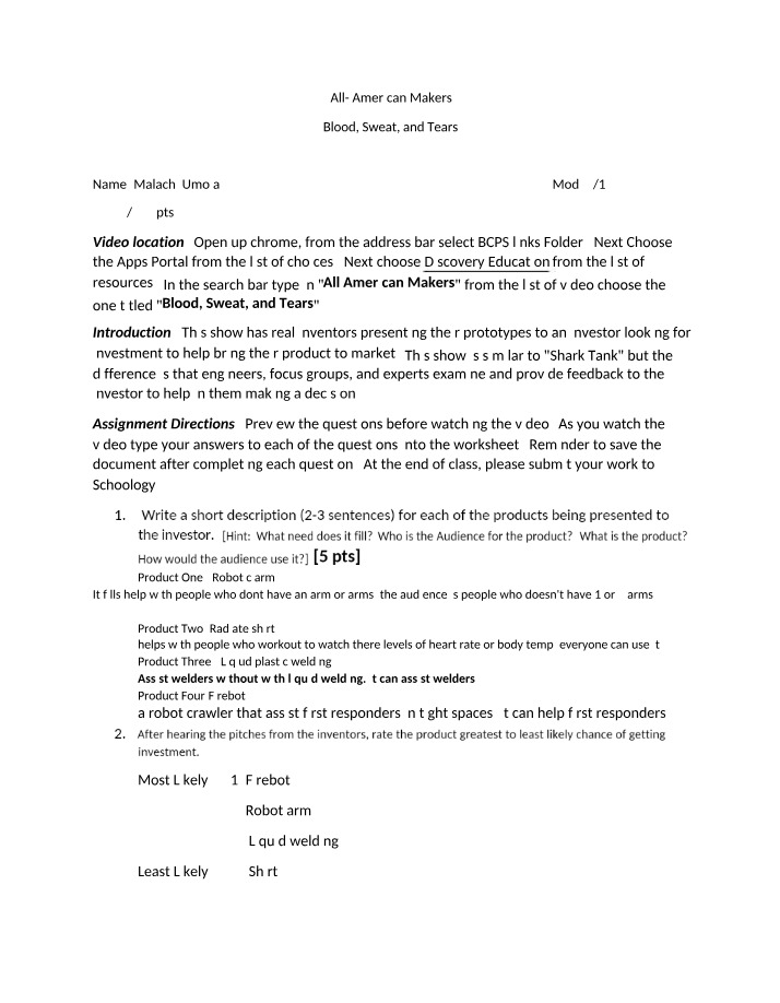 Worksheet - All-American Makers Blood, Sweat, and Tears