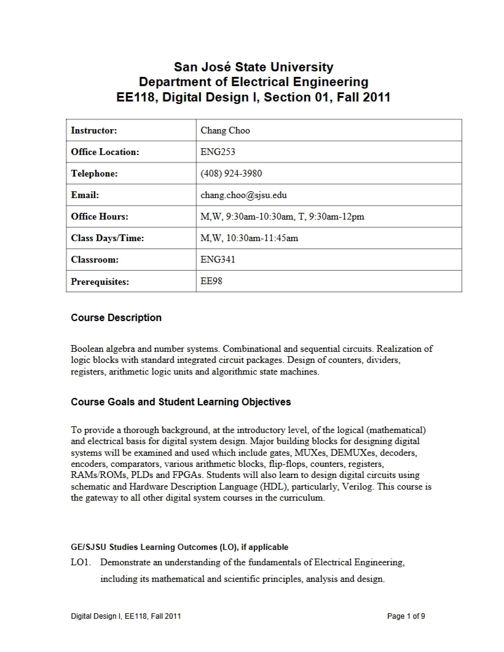 Class Schedule EE 118