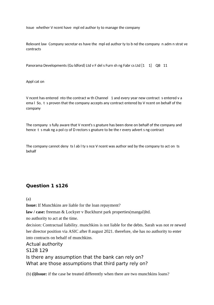 Legal Analysis - Implied Authority of Vincent to Manage Company