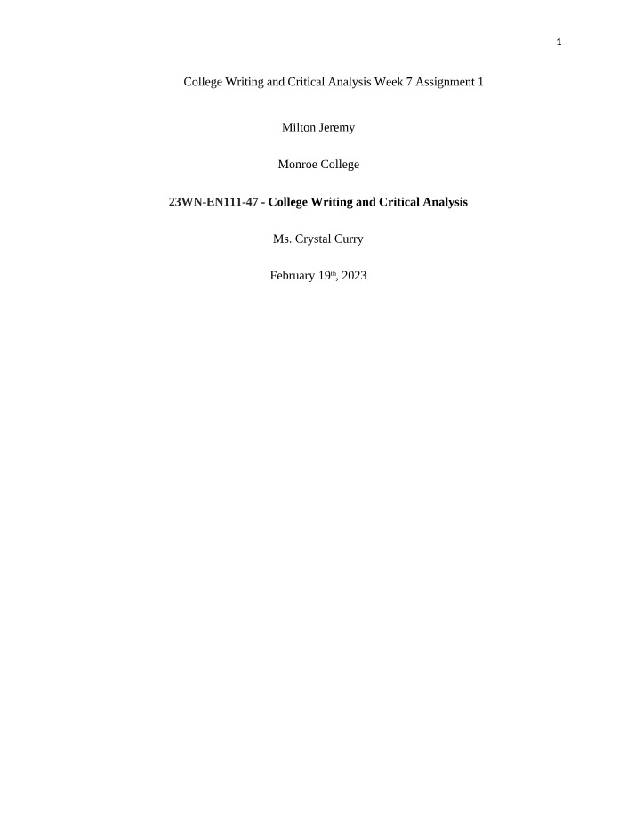 Week 7 Assignment 1 - College Writing and Critical Analysis