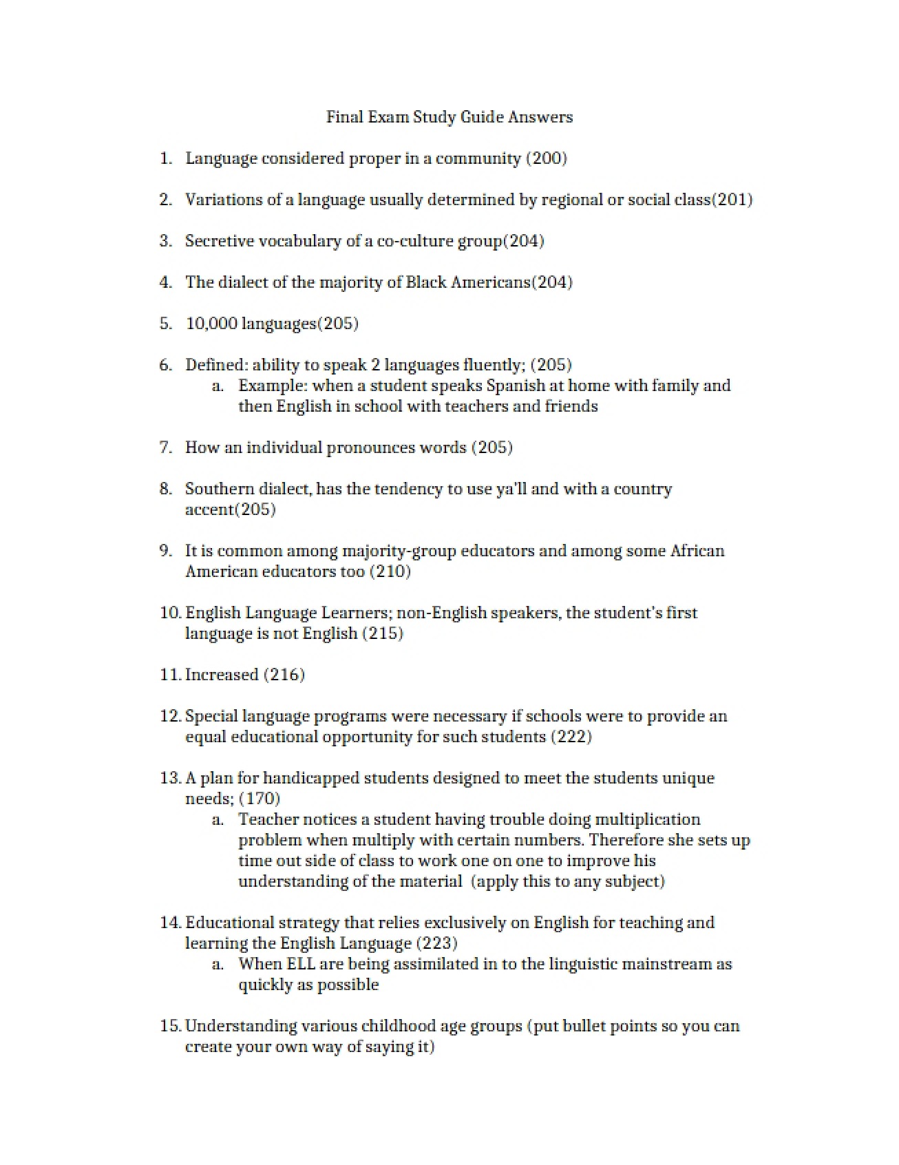 Answer Key for the Final Exam Study Guide