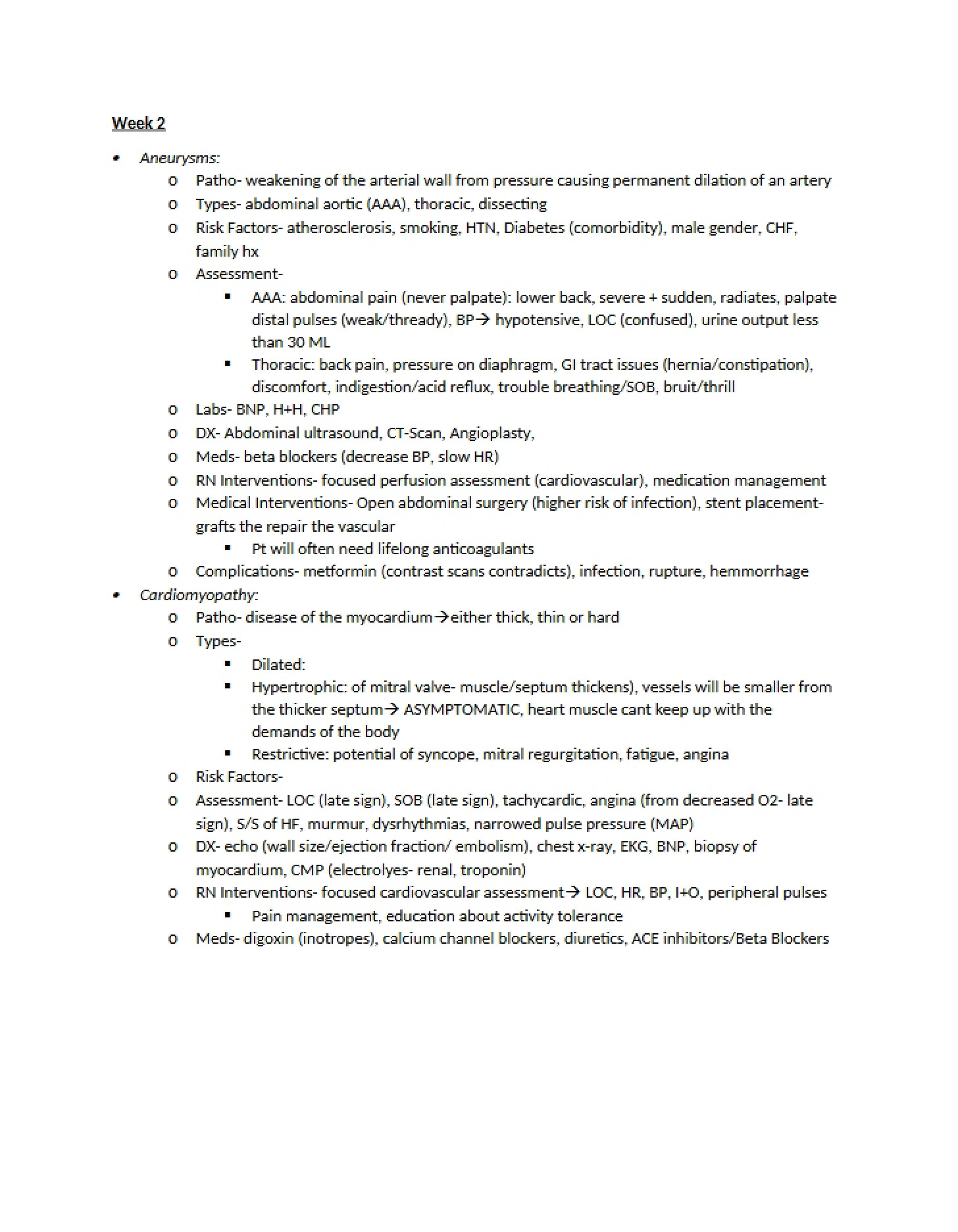 Cardiovascular Topic Week Two