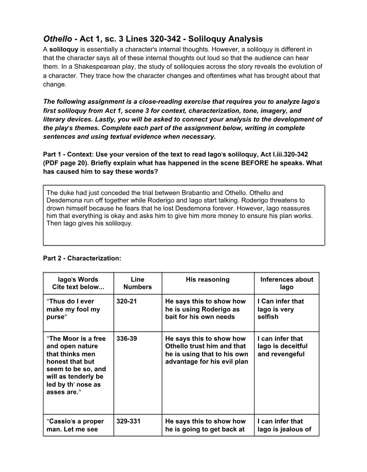 Analysis of Iago's Soliloquy in Act 1, Scene 3
