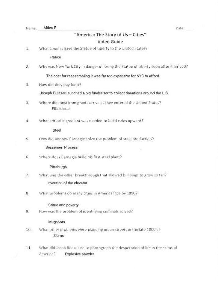 Worksheet on America The Story of Us Cities