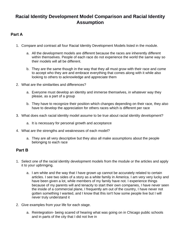 Racial Identity Development Model Comparison and Assumption