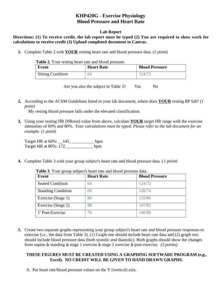 Exercise Physiology Lab Report - Blood Pressure and Heart Rate