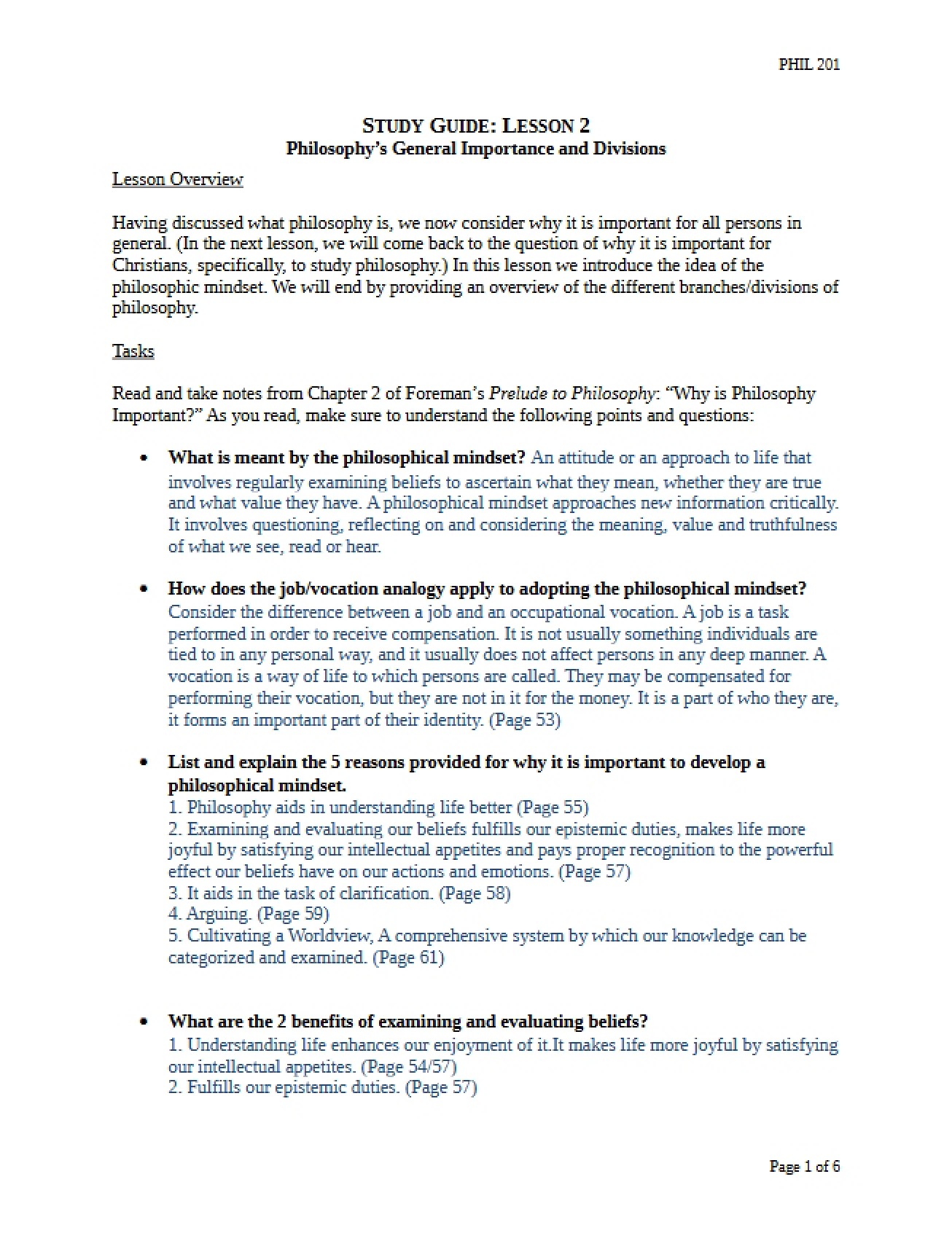 Lesson Two Study Guide for Philosophy