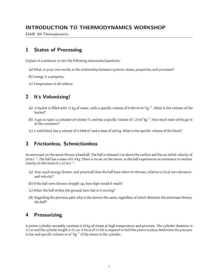 Workshop Problems - Introduction to Thermodynamics