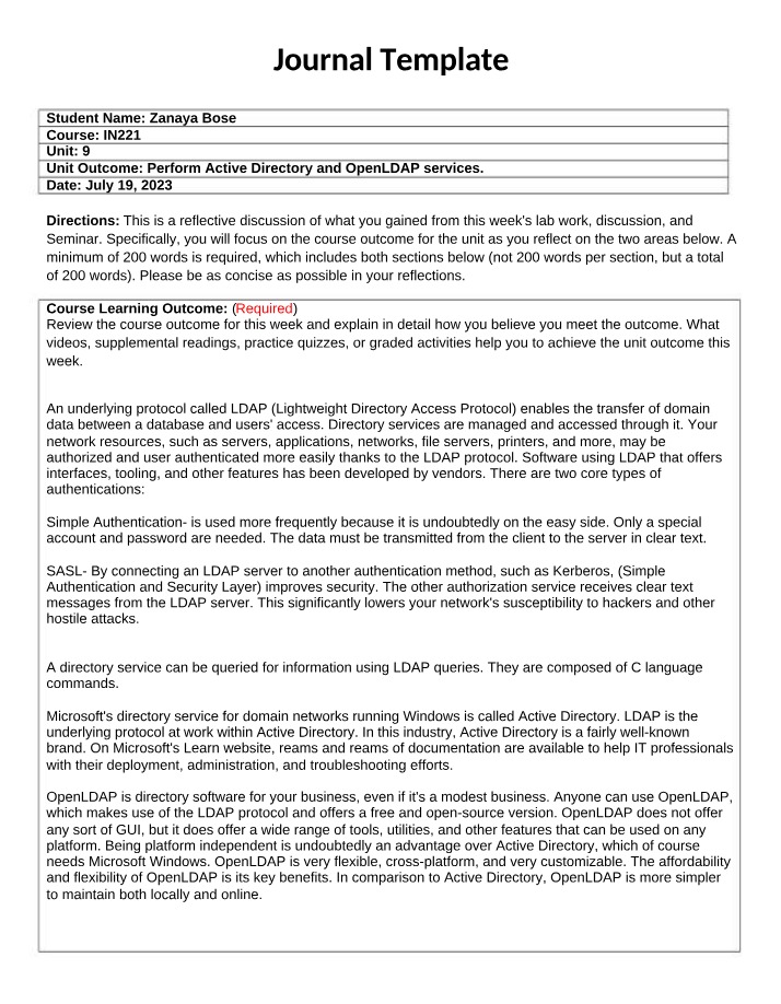Journal Assignment Template