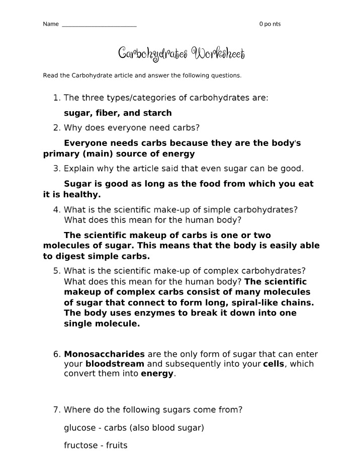 Worksheet on Carbohydrates