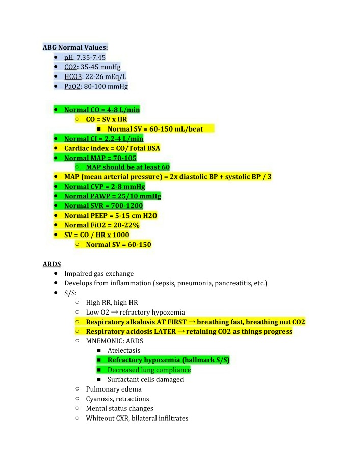 Normal ABG Values pH, CO2, HCO3, PaO2, CO, SV, CI
