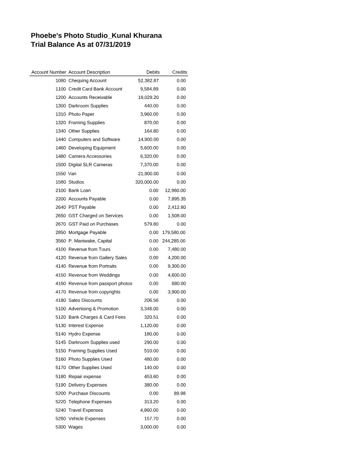 Trial Balance for Phoebe's Photo Studio (07-31-2019)