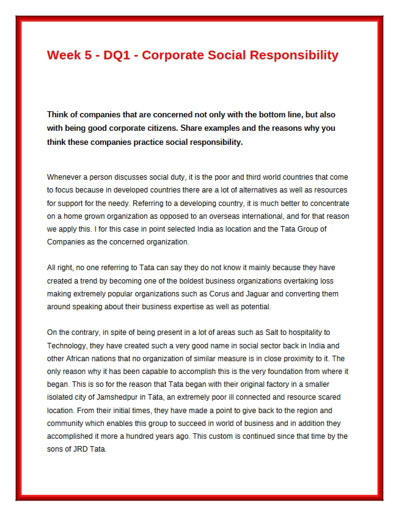 Discussion Corporate Social Responsibility (Week 5)