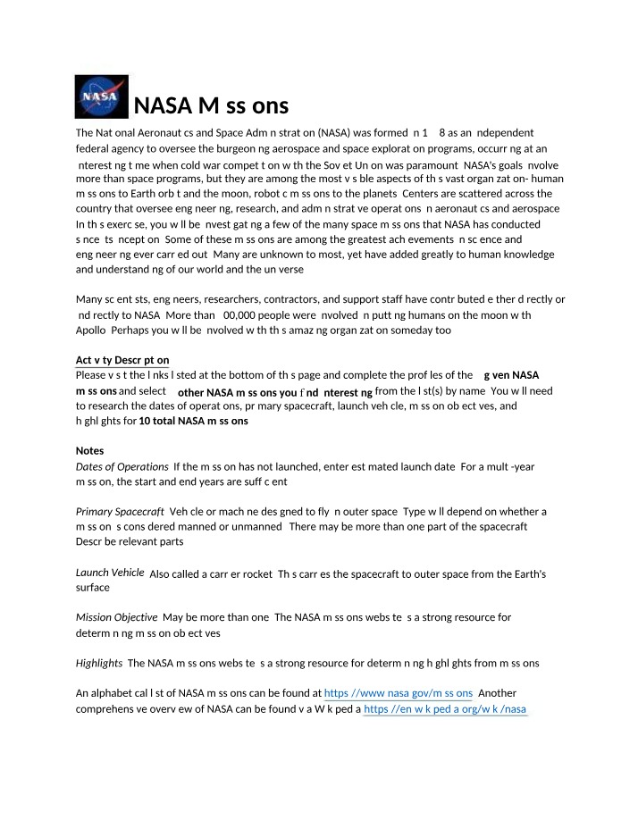 Missions of NASA
