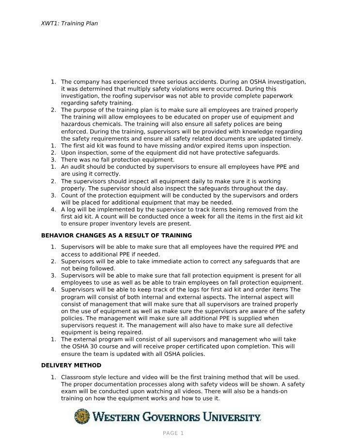 XWT1 Training Plan Overview