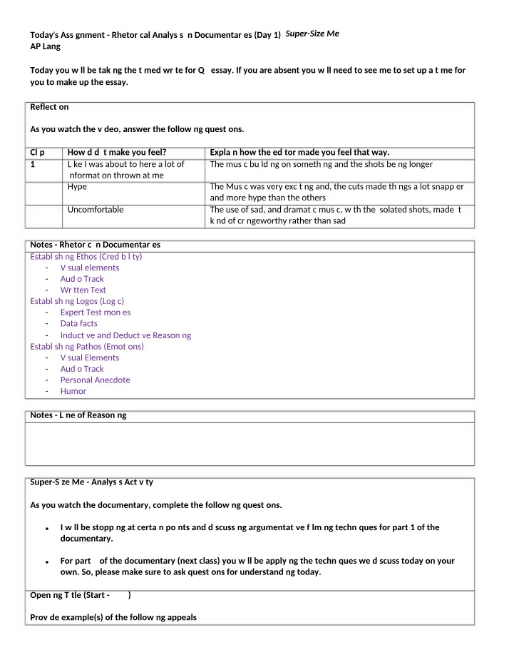 Day 1 Rhetorical Analysis - Super-Size Me