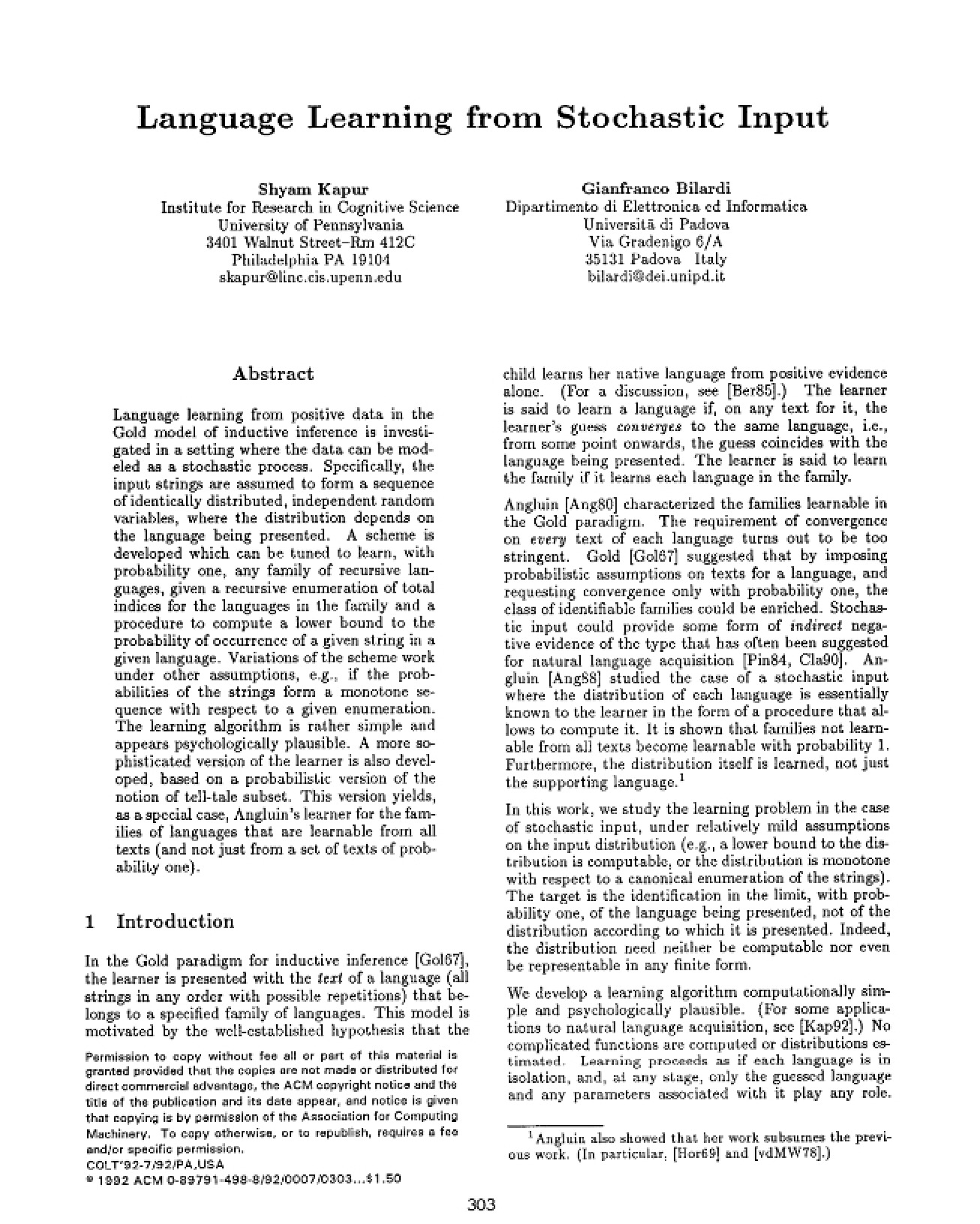 Stochastic Input in Language Learning