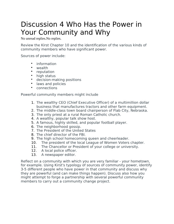 Who Has the Power in Your Community and Why (Discussion 4)