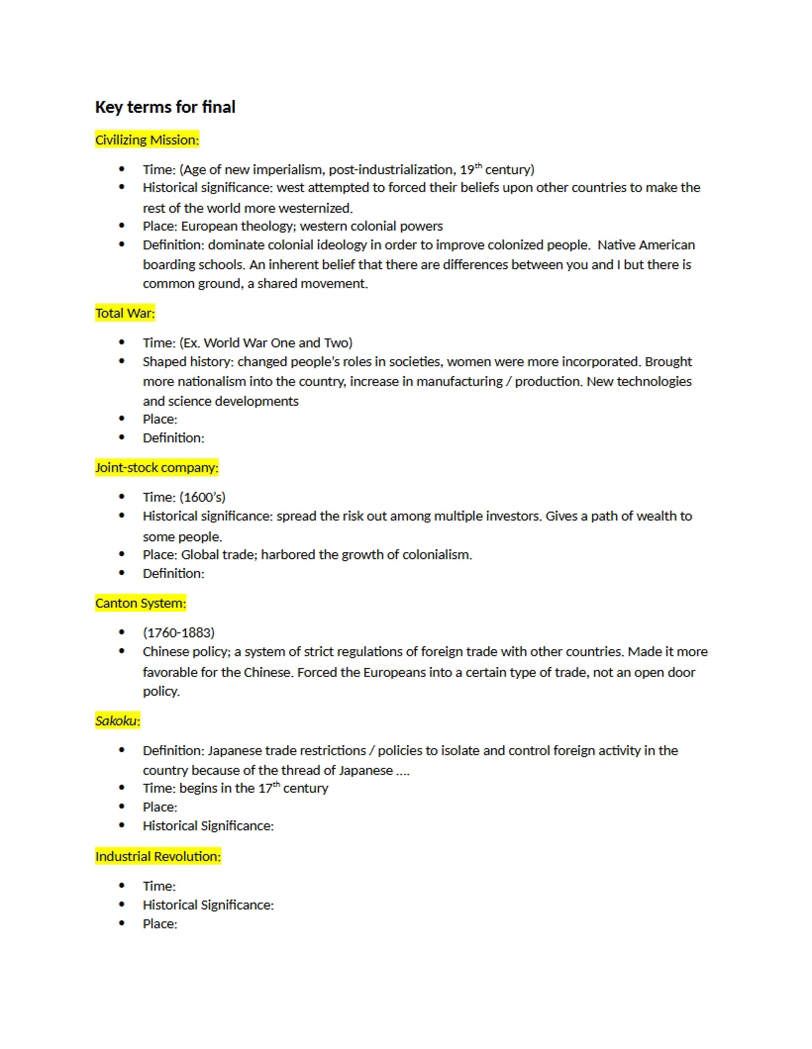 Final Exam Key Terms