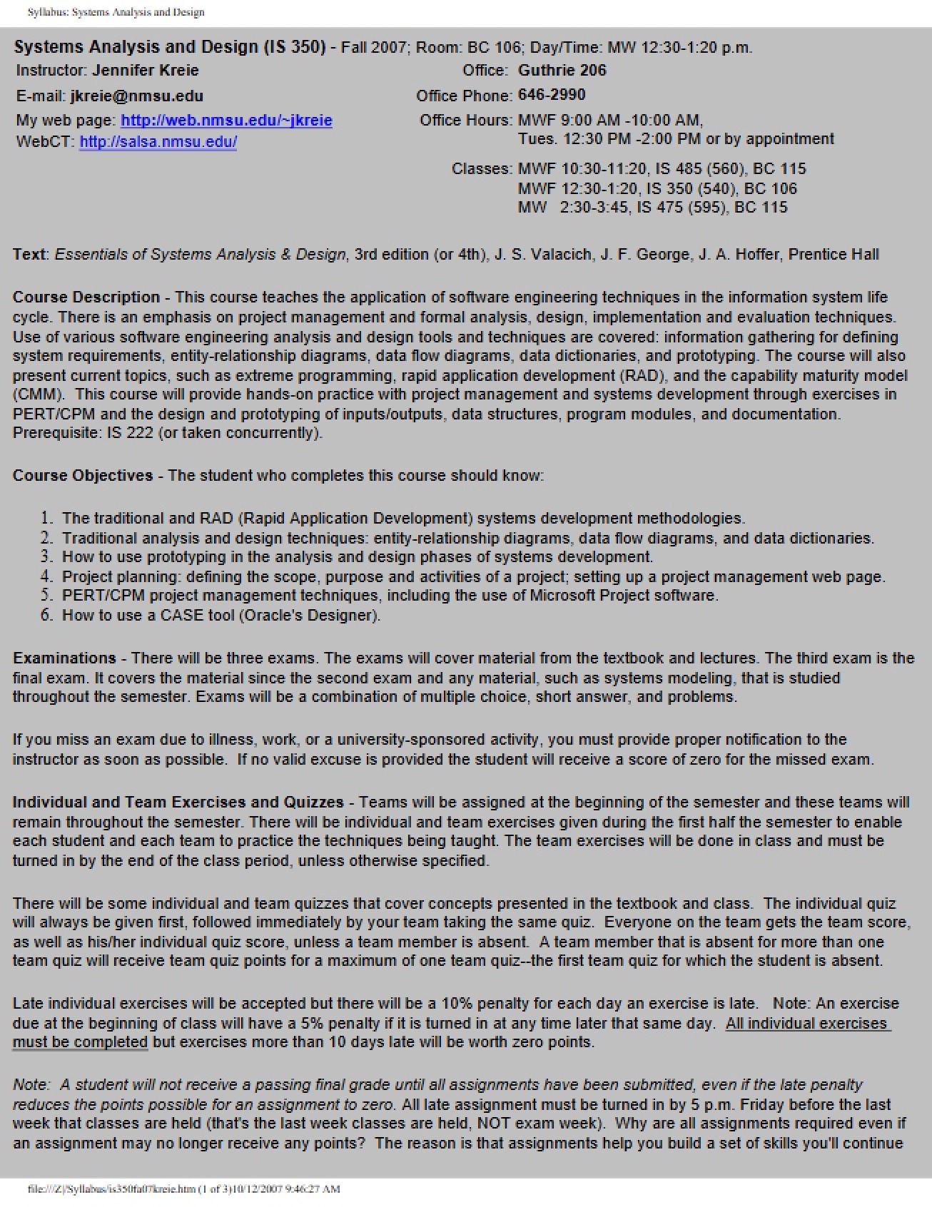 Syllabus for a Course in Information Systems Analysis and Design