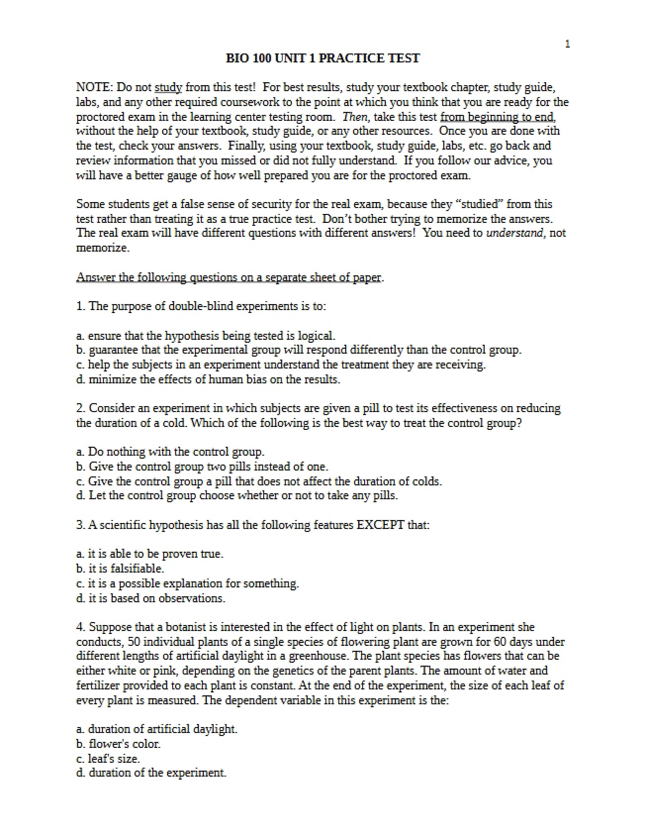 Practice Test for Unit 1