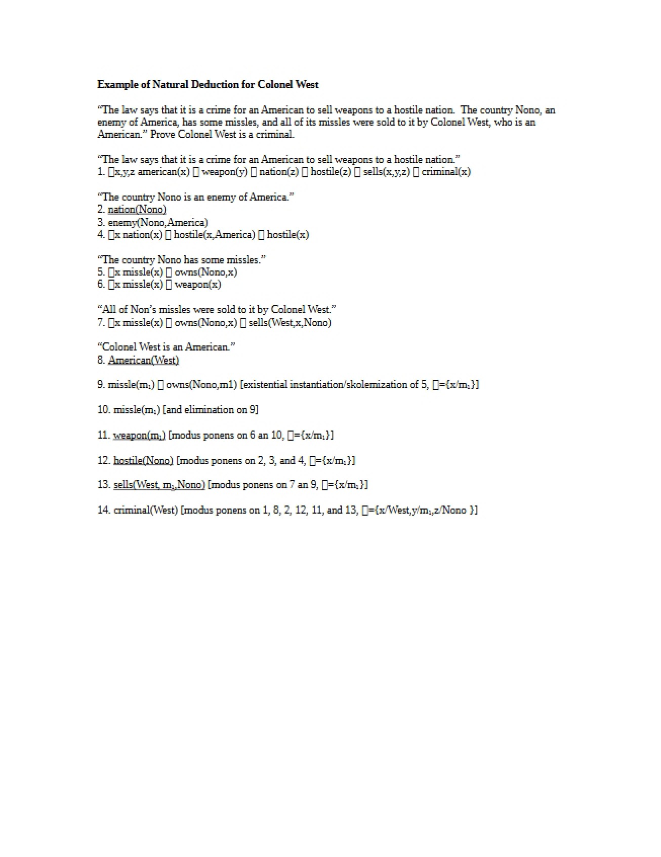 Example of Natural Deduction for the Case of Colonel West